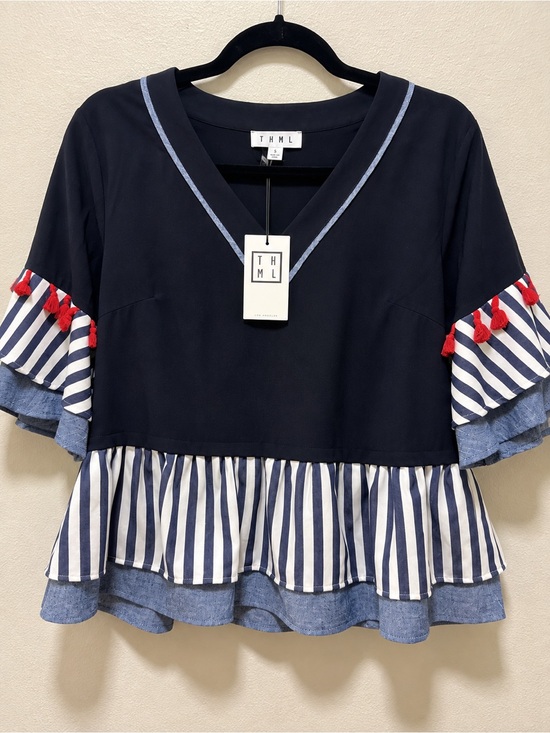 THML Tops - THML Navy V-Neck Peplum Blouse with Striped Ruffle and Red Tassels